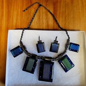 Dichroic Blue/Green Sky Burst Glass Necklace & Pierced Earrings Set